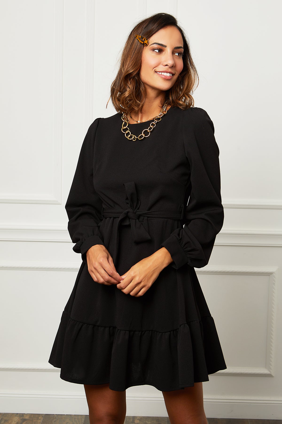 Robe Mi-longue avec Col Rond et Manches Longues