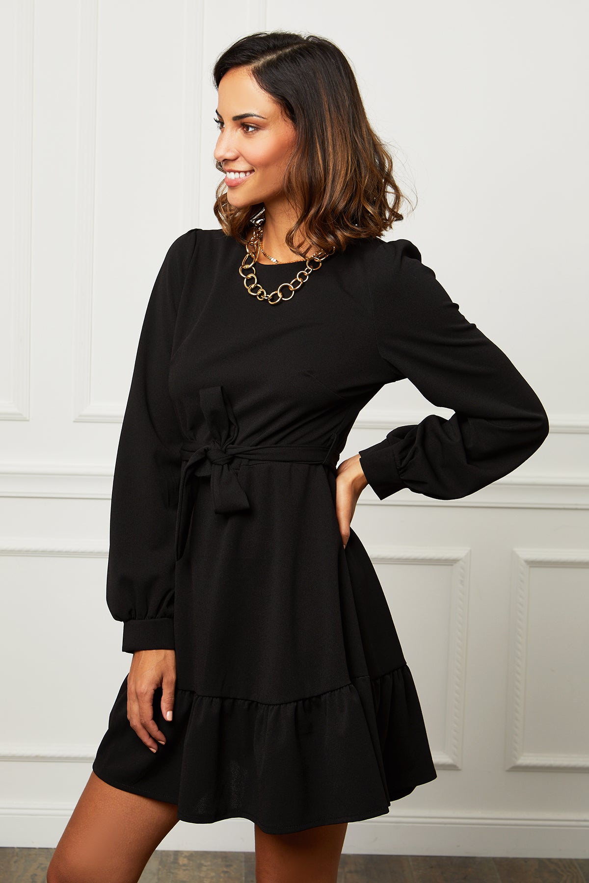 Robe Mi-longue avec Col Rond et Manches Longues