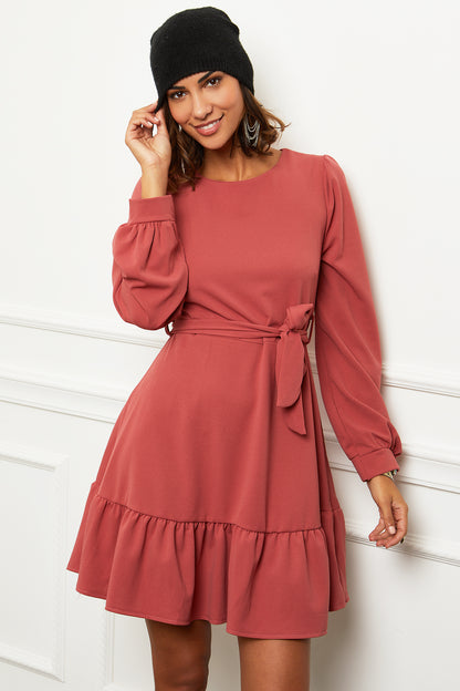Robe Mi-longue avec Col Rond et Manches Longues