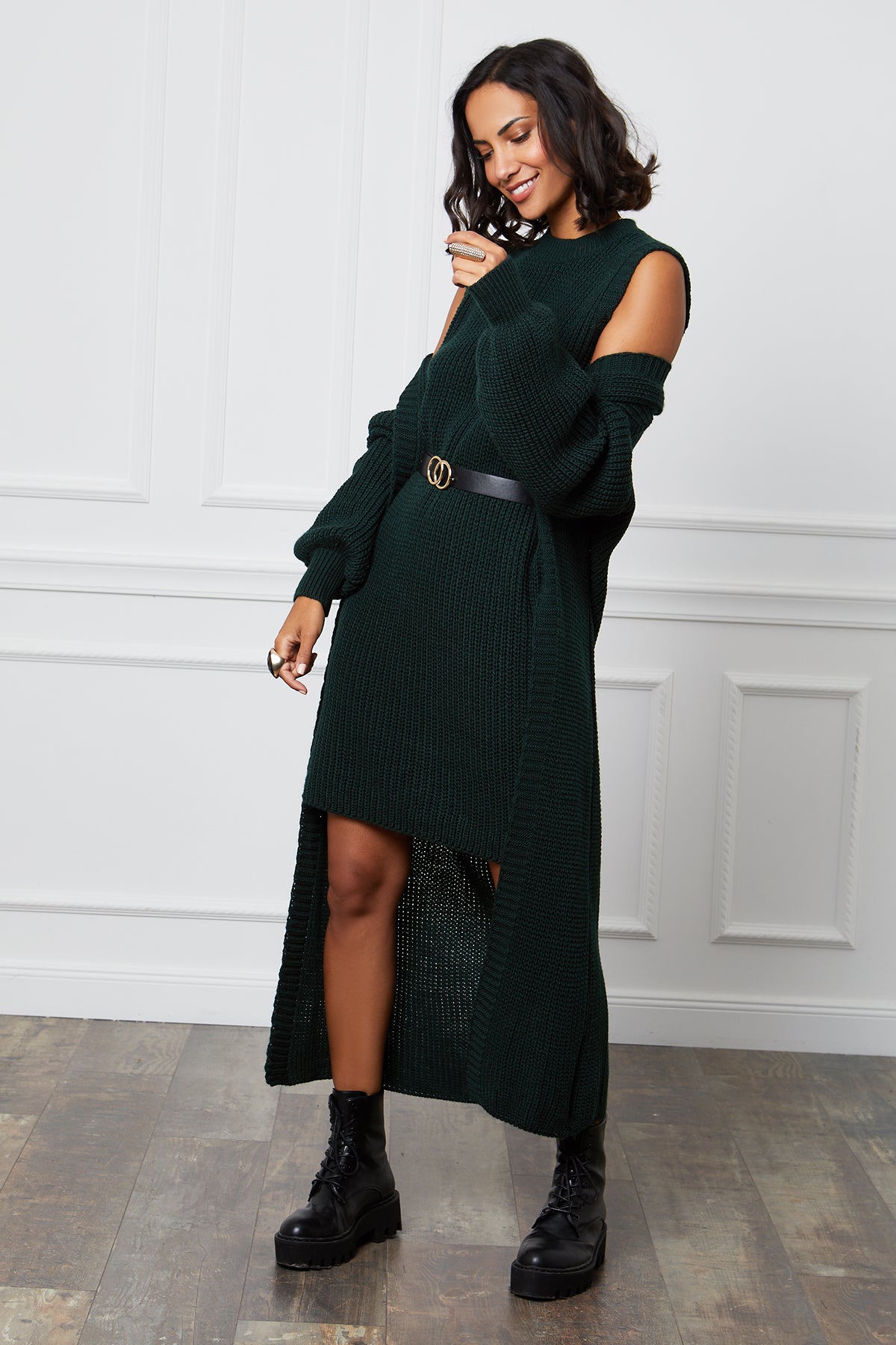 Pull à Col Roulé avec Découpe Col V et Manches Bouffantes