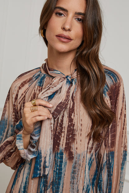 23311-Chemisier imprimé, doublure col avec nœud, manches serrées au niveau du poignet