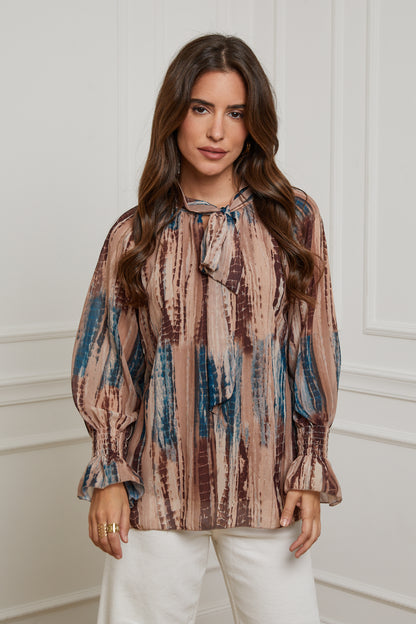 23311-Chemisier imprimé, doublure col avec nœud, manches serrées au niveau du poignet