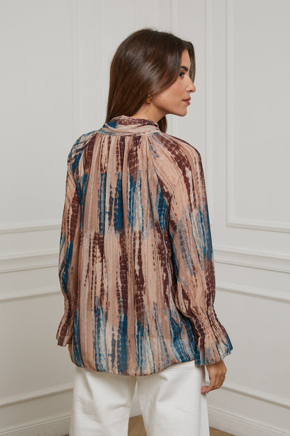 23311-Chemisier imprimé, doublure col avec nœud, manches serrées au niveau du poignet