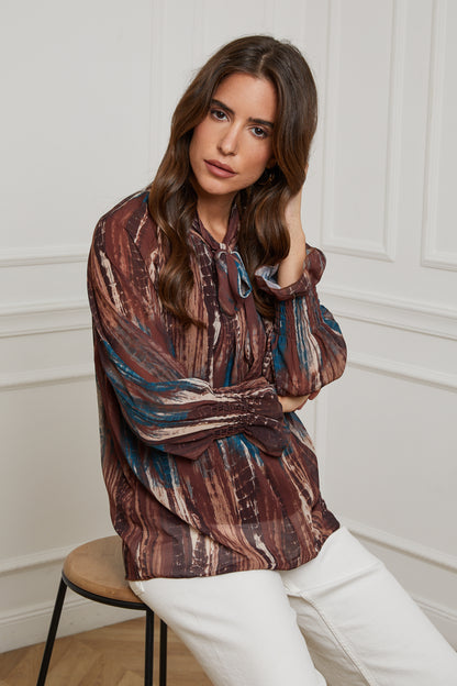 23311-Chemisier imprimé, doublure col avec nœud, manches serrées au niveau du poignet