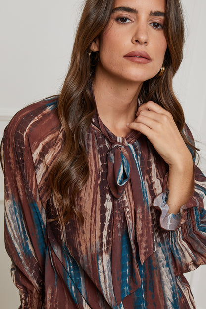 23311-Chemisier imprimé, doublure col avec nœud, manches serrées au niveau du poignet