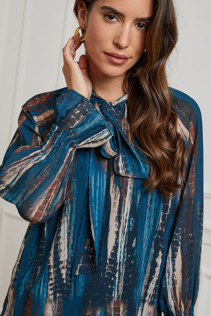 23311-Chemisier imprimé, doublure col avec nœud, manches serrées au niveau du poignet