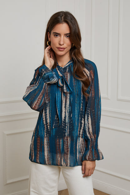 23311-Chemisier imprimé, doublure col avec nœud, manches serrées au niveau du poignet