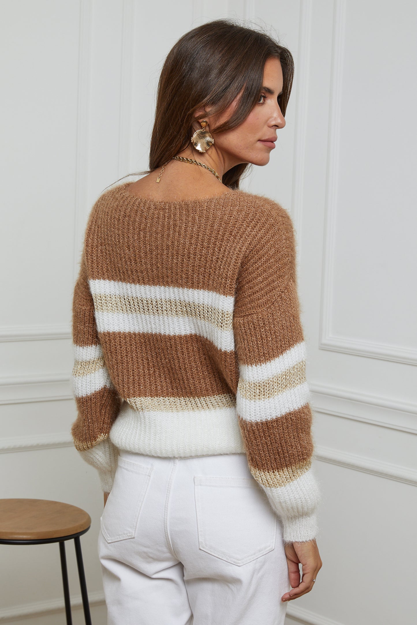 Pull Col V à Rayures avec Détails Fil Brillant
