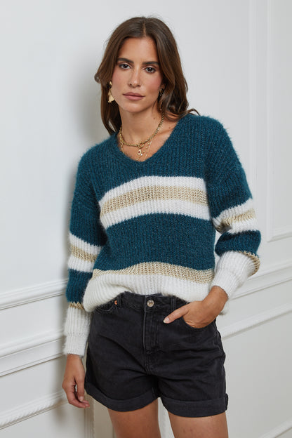 Pull Col V à Rayures avec Détails Fil Brillant