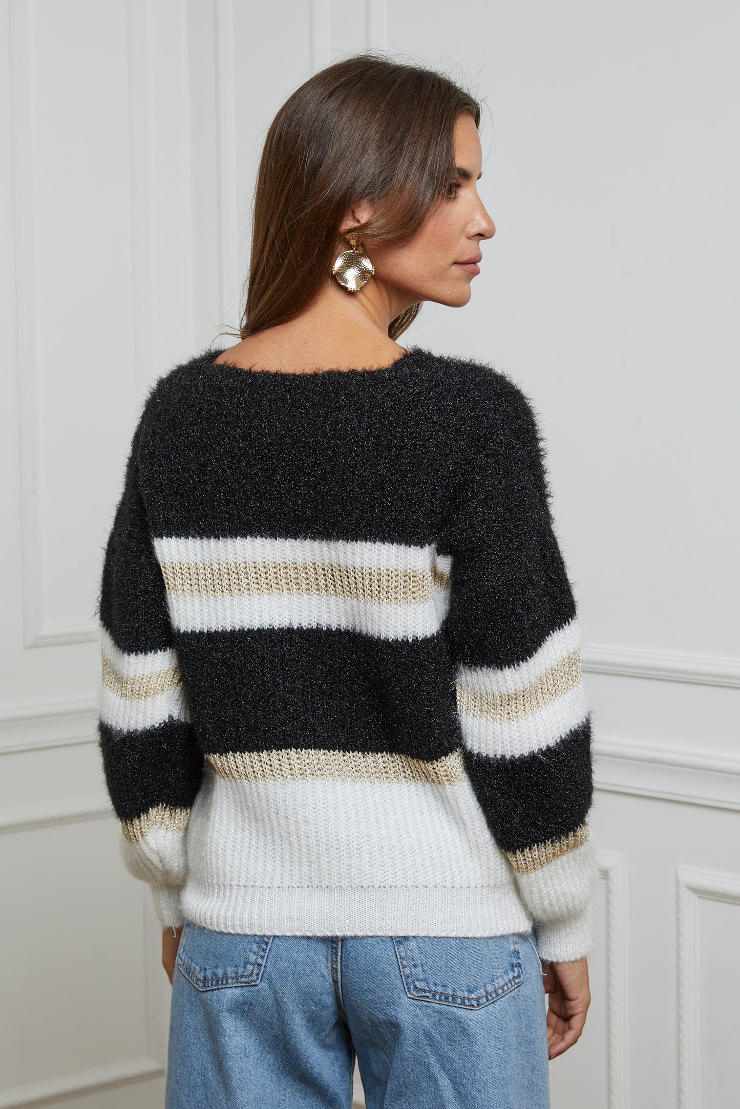 Pull Col V à Rayures avec Détails Fil Brillant