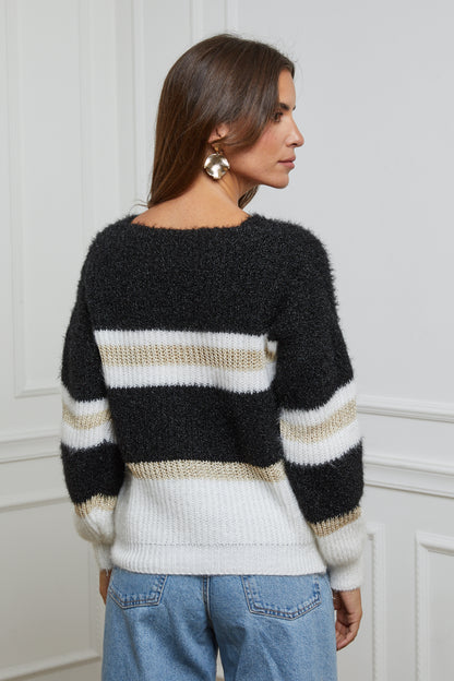 Pull Col V à Rayures avec Détails Fil Brillant