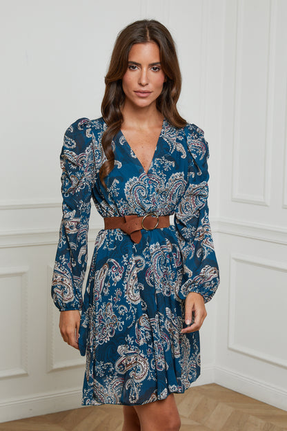Robe Mi-Longue Imprimée Cache-Coeur avec Ceinture