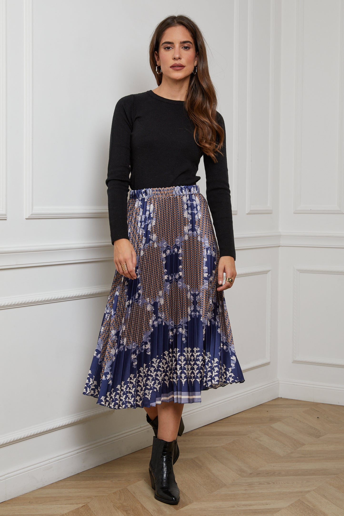 55085-Jupe plissée imprimée, mi-longue