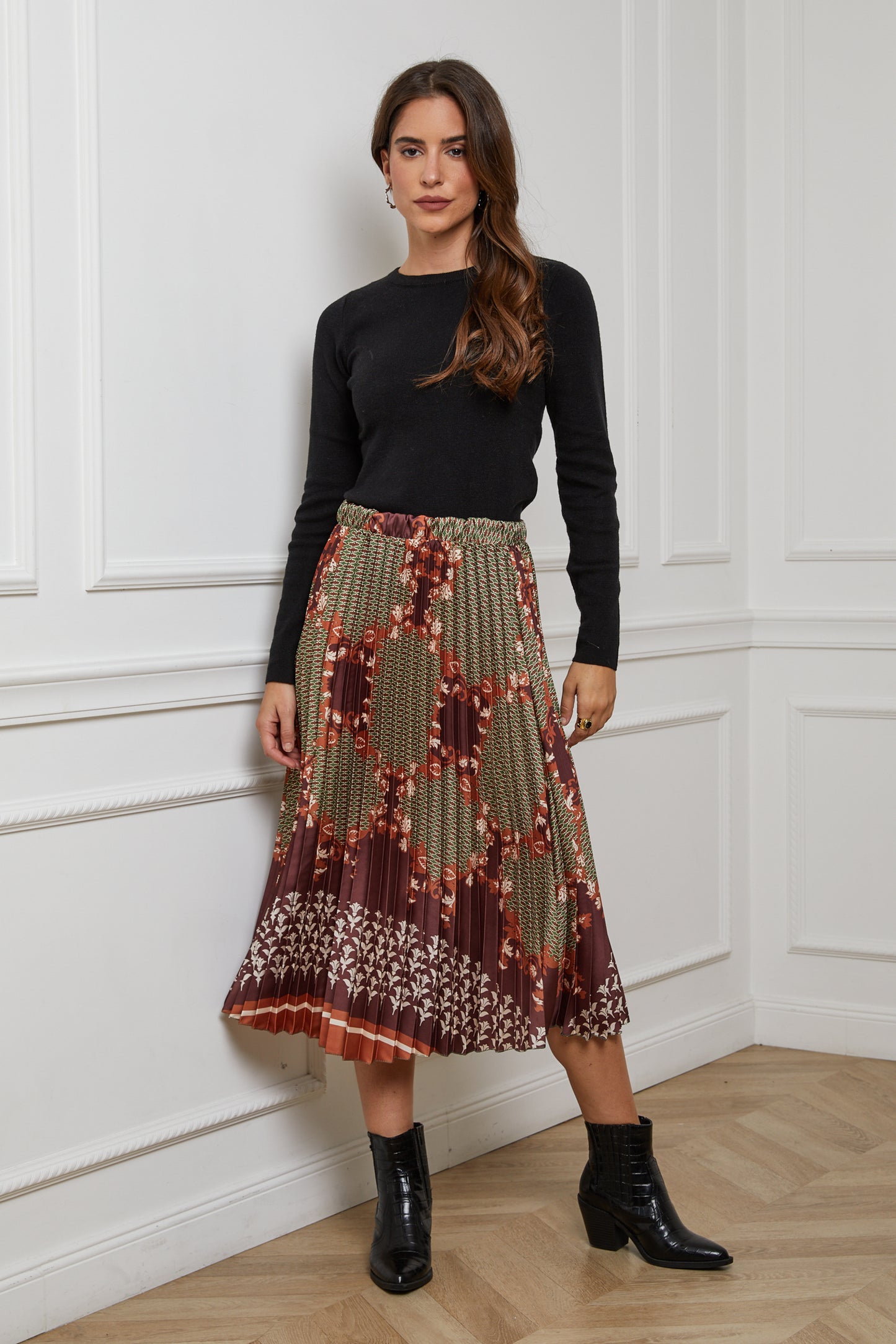 55085-Jupe plissée imprimée, mi-longue