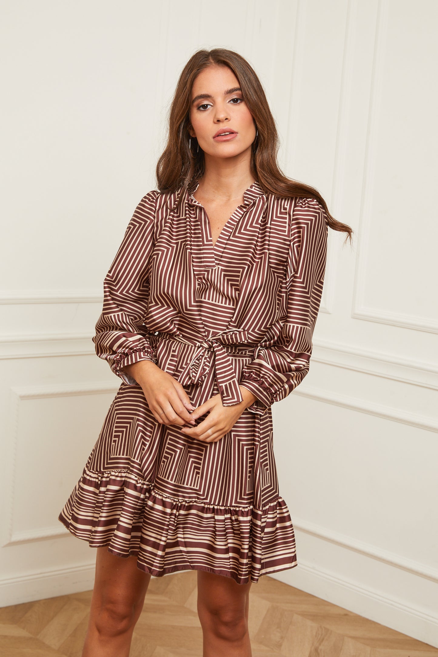 Robe Mi-longue à Motifs avec Col Chemise