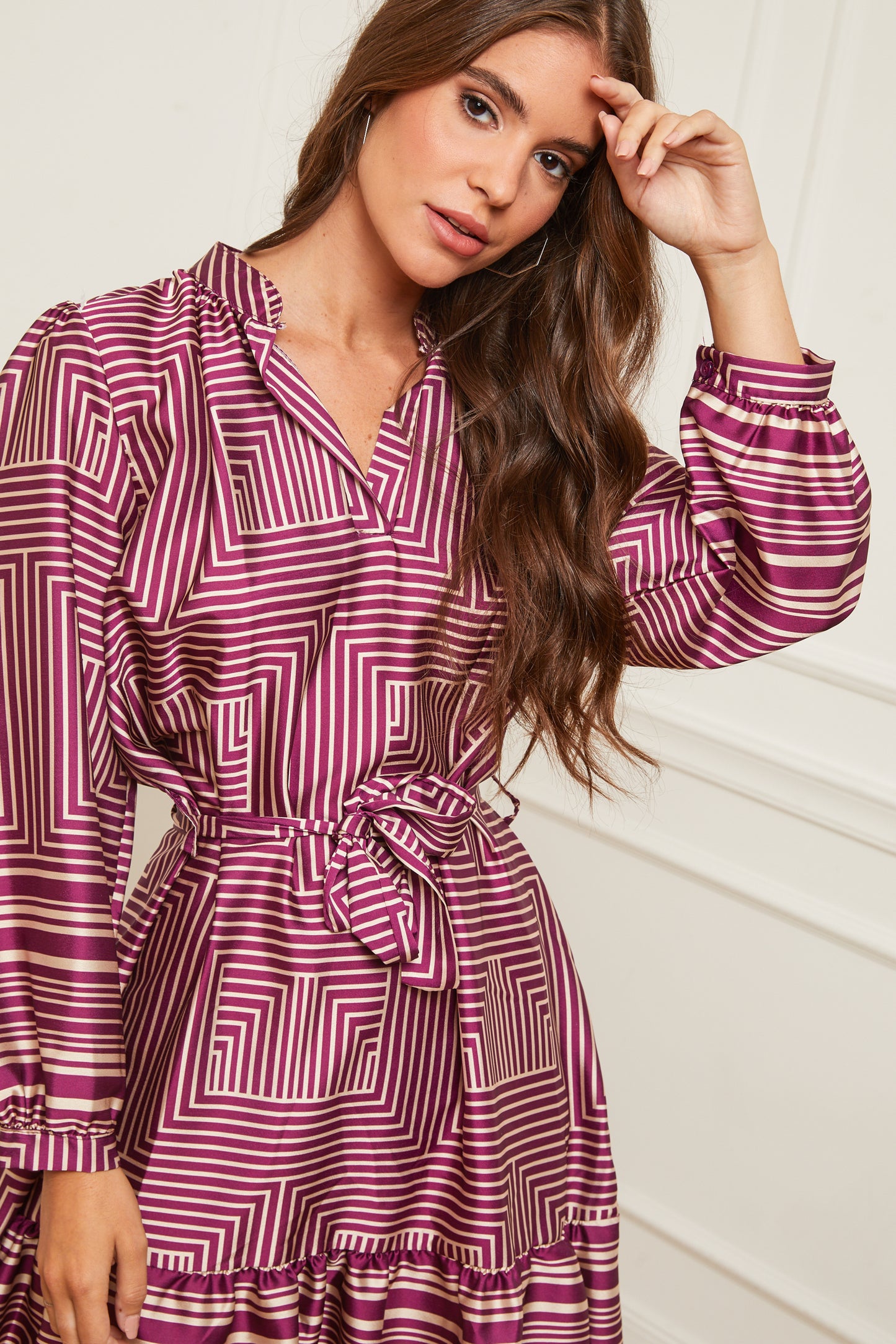 Robe Mi-longue à Motifs avec Col Chemise