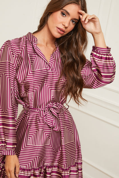 Robe Mi-longue à Motifs avec Col Chemise