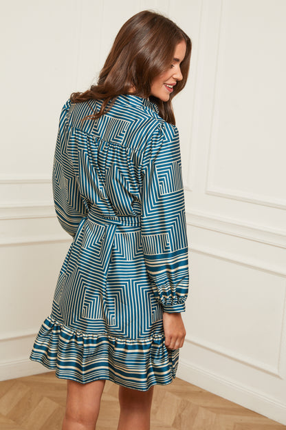 Robe Mi-longue à Motifs avec Col Chemise