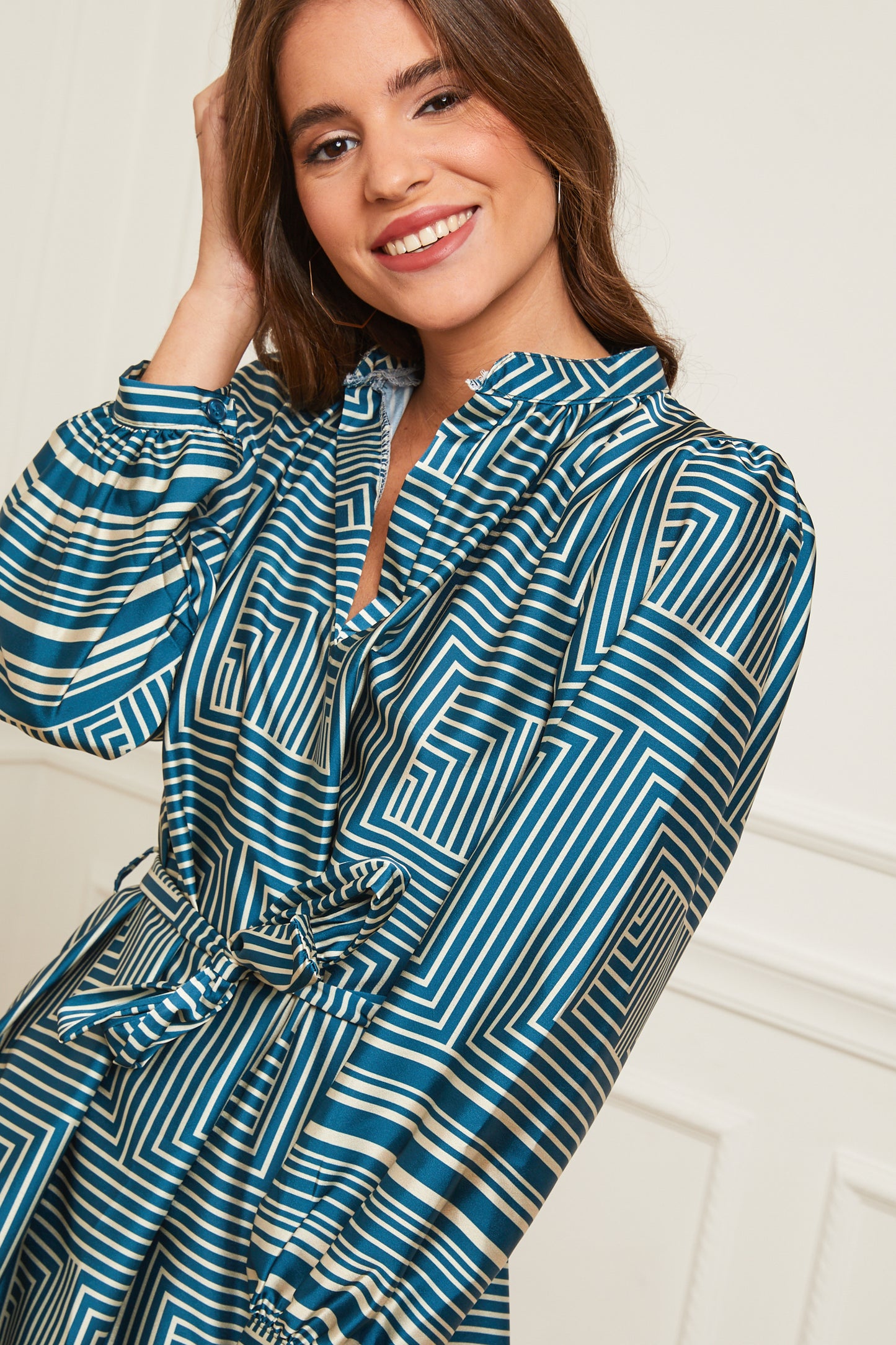 Robe Mi-longue à Motifs avec Col Chemise