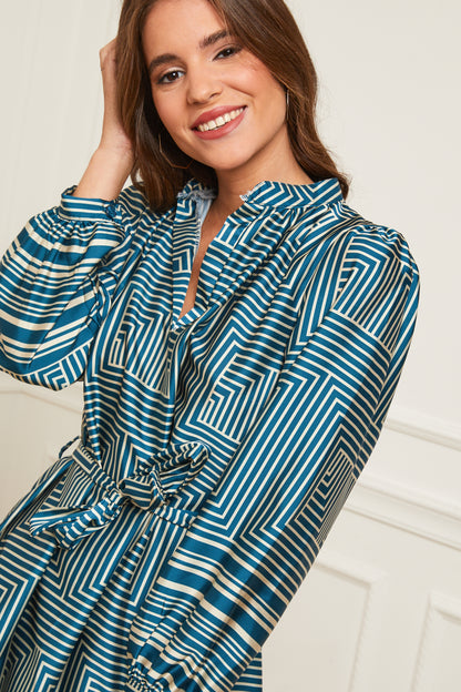 Robe Mi-longue à Motifs avec Col Chemise