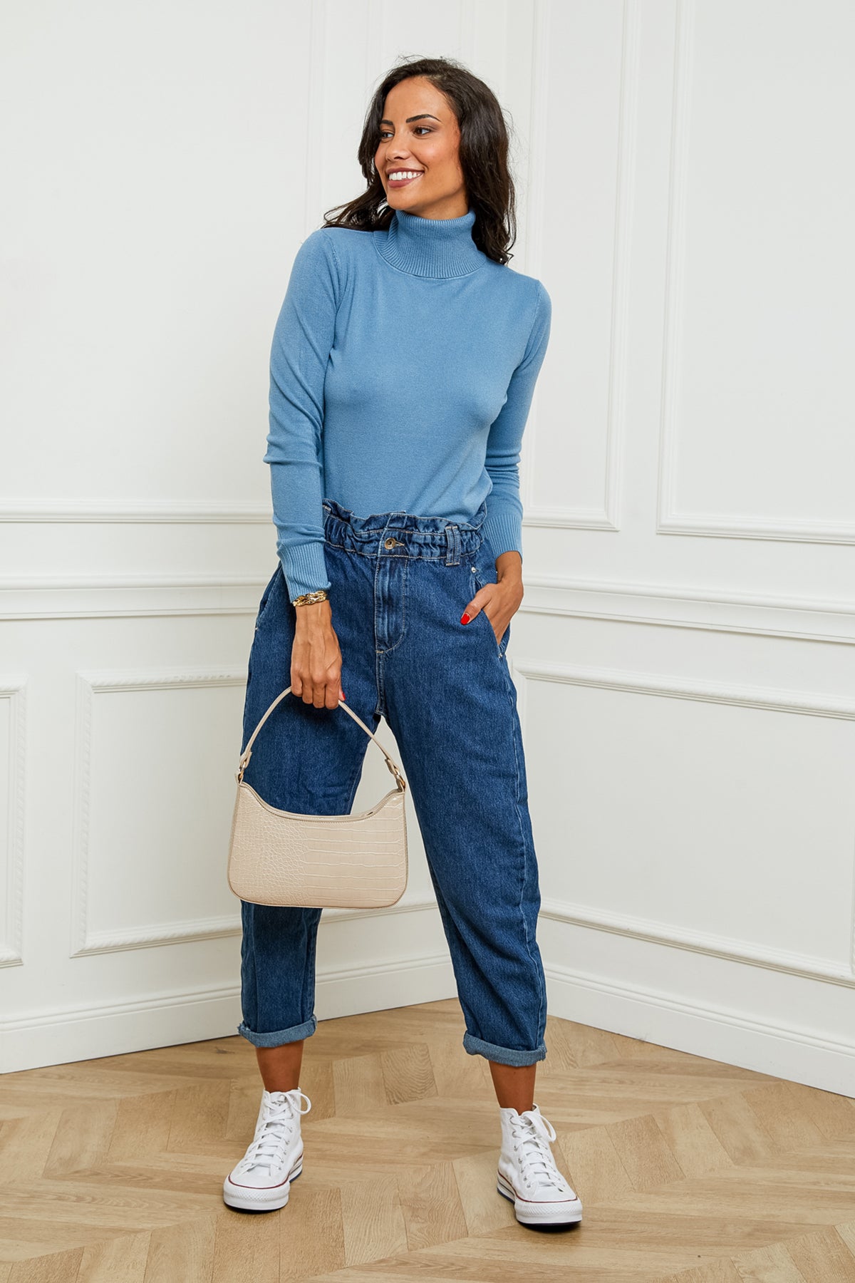 W2005-Pull en Maille Fine à Col Roulé